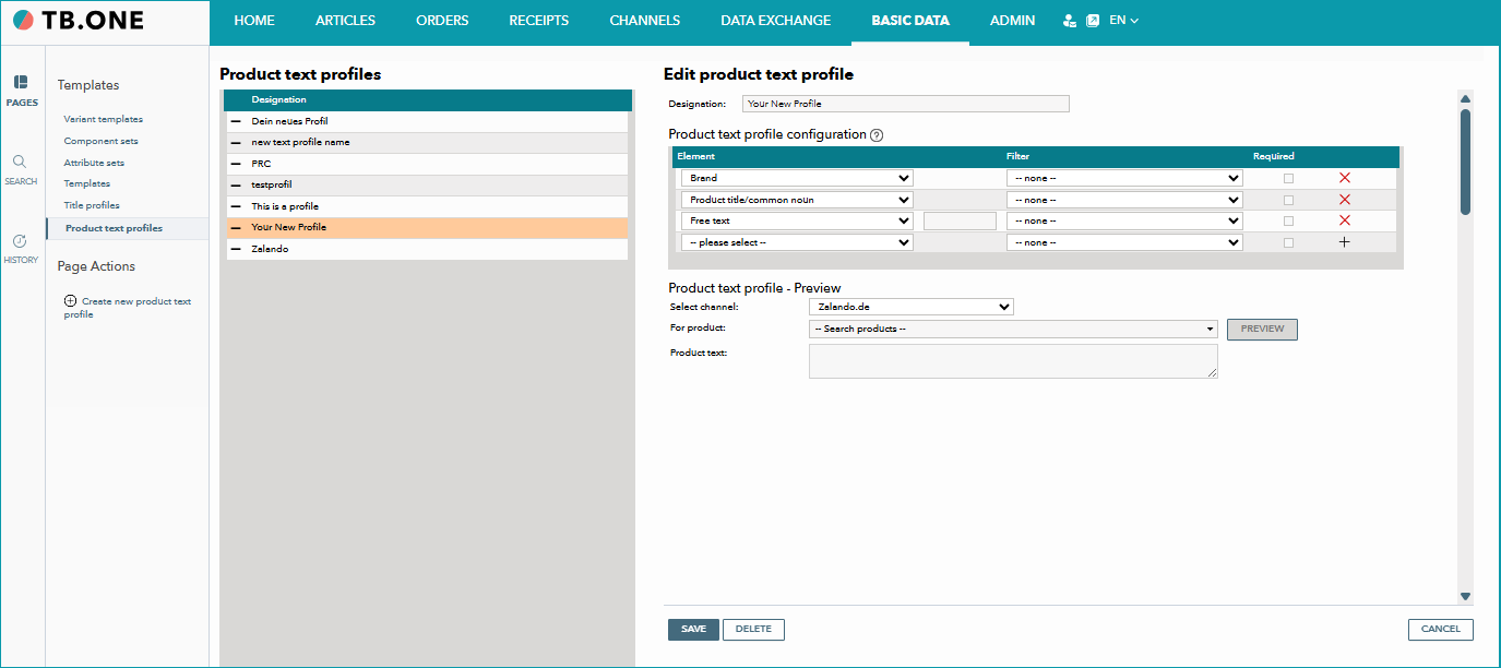 Fig.3: Selecting a product text profile to edit
