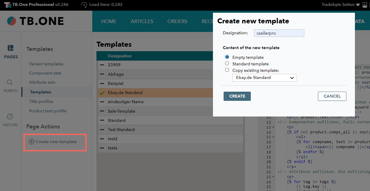 Fig. 2: Creating a new empty template in TB.One