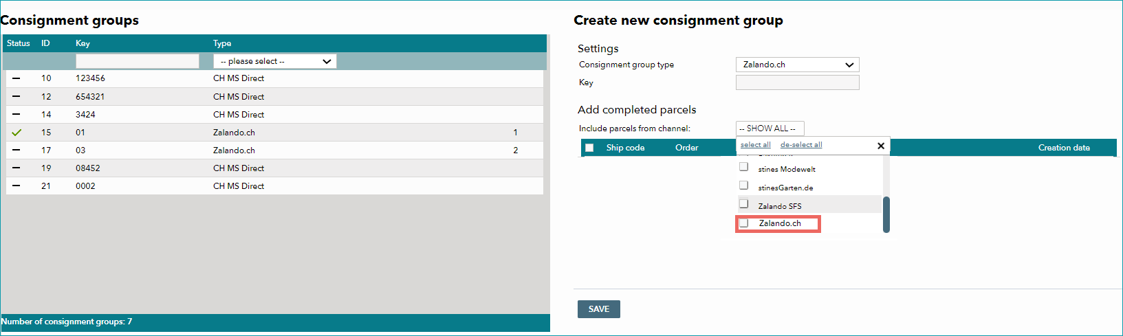 Fig. 4: Creating and configuring a sending group for Zalando.ch in TB.One