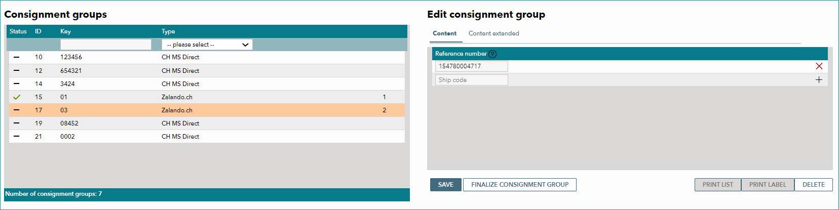 Fig. 6: Adding more packages to a Zalando.ch sending group in TB.One