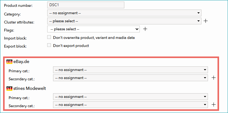 No categories are assigned for "eBay.de" and "stines Modewelt".