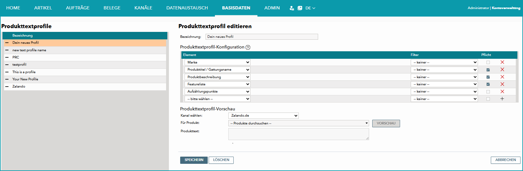 Abb.3: Produkttextprofil zur Bearbeitung auswählen Abb.3: Produkttextprofil zur Bearbeitung auswählen