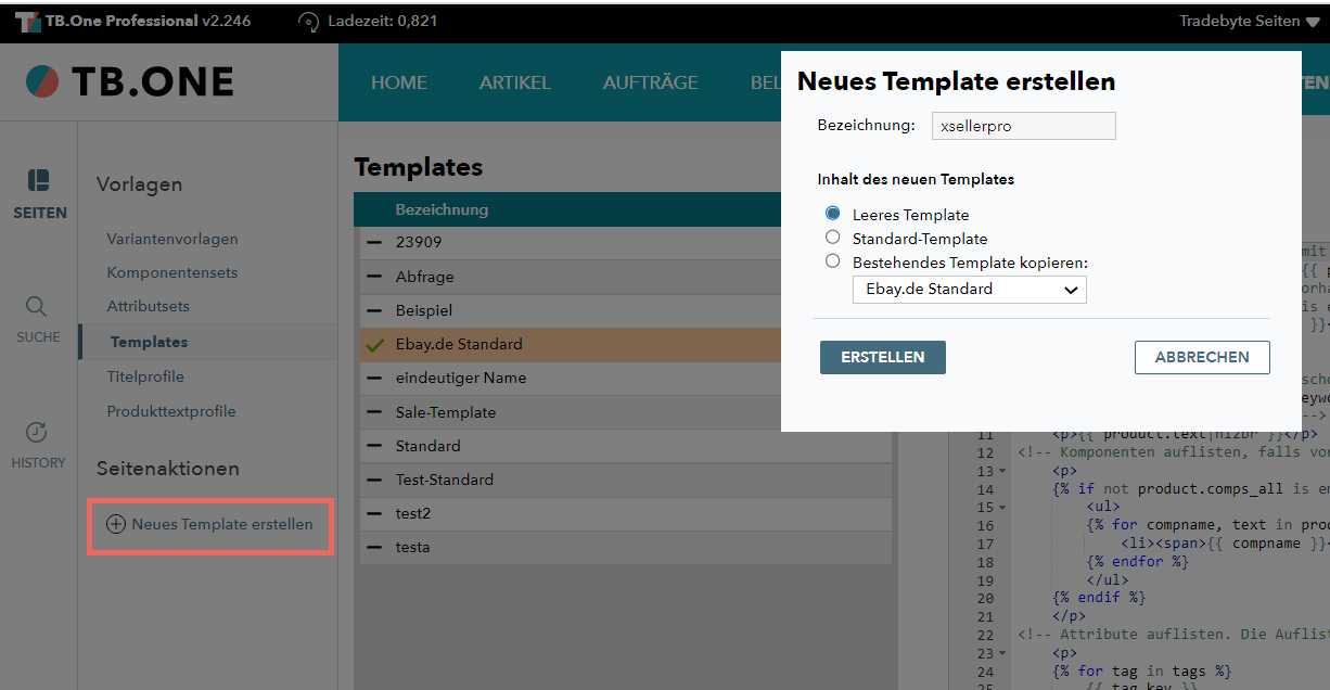 Abb. 3: Erstellen eines neuen leeren Templates in TB.One Abb. 3: Erstellen eines neuen leeren Templates in TB.One