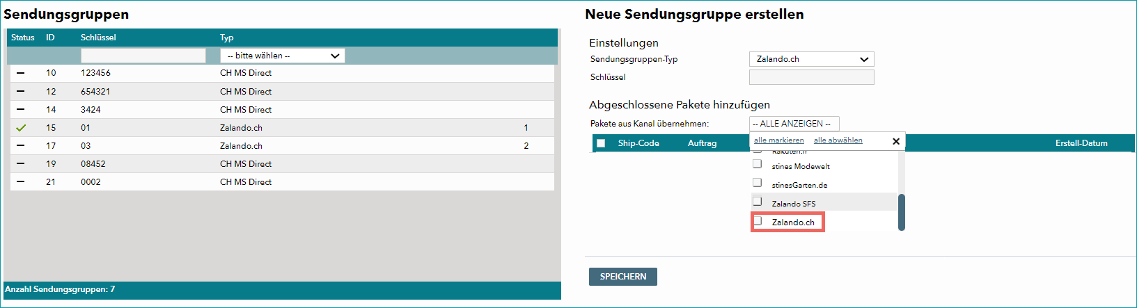 Abb. 4: Erstellen und Konfigurieren einer Sendungsgruppe für Zalando.ch in TB.One Abb. 4: Erstellen und Konfigurieren einer Sendungsgruppe für Zalando.ch in TB.One