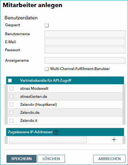 Abb.1: API-Zugang im Fenter "Mitarbeiter anlegen" konfigurieren. Abb.1: API-Zugang im Fenter "Mitarbeiter anlegen" konfigurieren.