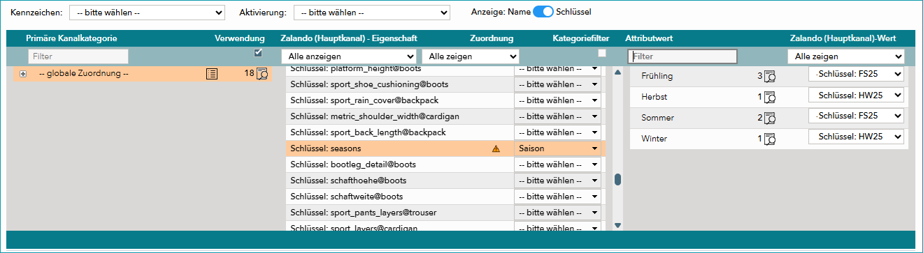 Abb.3: Die drei Spalten des Wertezuordnungsmenüs - Kategorieauswahl, Eigenschaftszuordnung, Wertezuordnung. In der mittleren Spalte ist die Eigenschaft "seasons" ausgewählt.