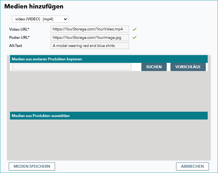Abb. 3: Angabe von URLs und Alt-Text für ein neues Videomedium in TB.One Abb. 3: Angabe von URLs und Alt-Text für ein neues Videomedium in TB.One
