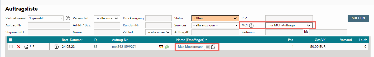 Abb. 4: About You Multi Channel Fulfillment (MCF) in einer Auftragsliste in TB.One