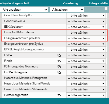 Abb.1: "EEK Spektrum" und "Energieeffizienzklasse" zuordnen