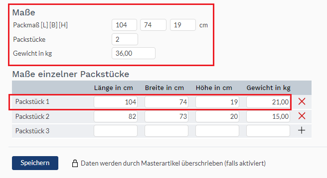 Abb. 2: Beispiel für Packmaße in TB.One bei Mehrpaketsendungen