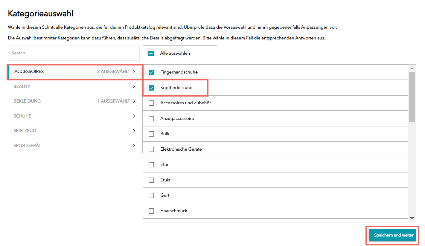 Abb. 5: Auswahl der Produktkategorien im Import Wizard