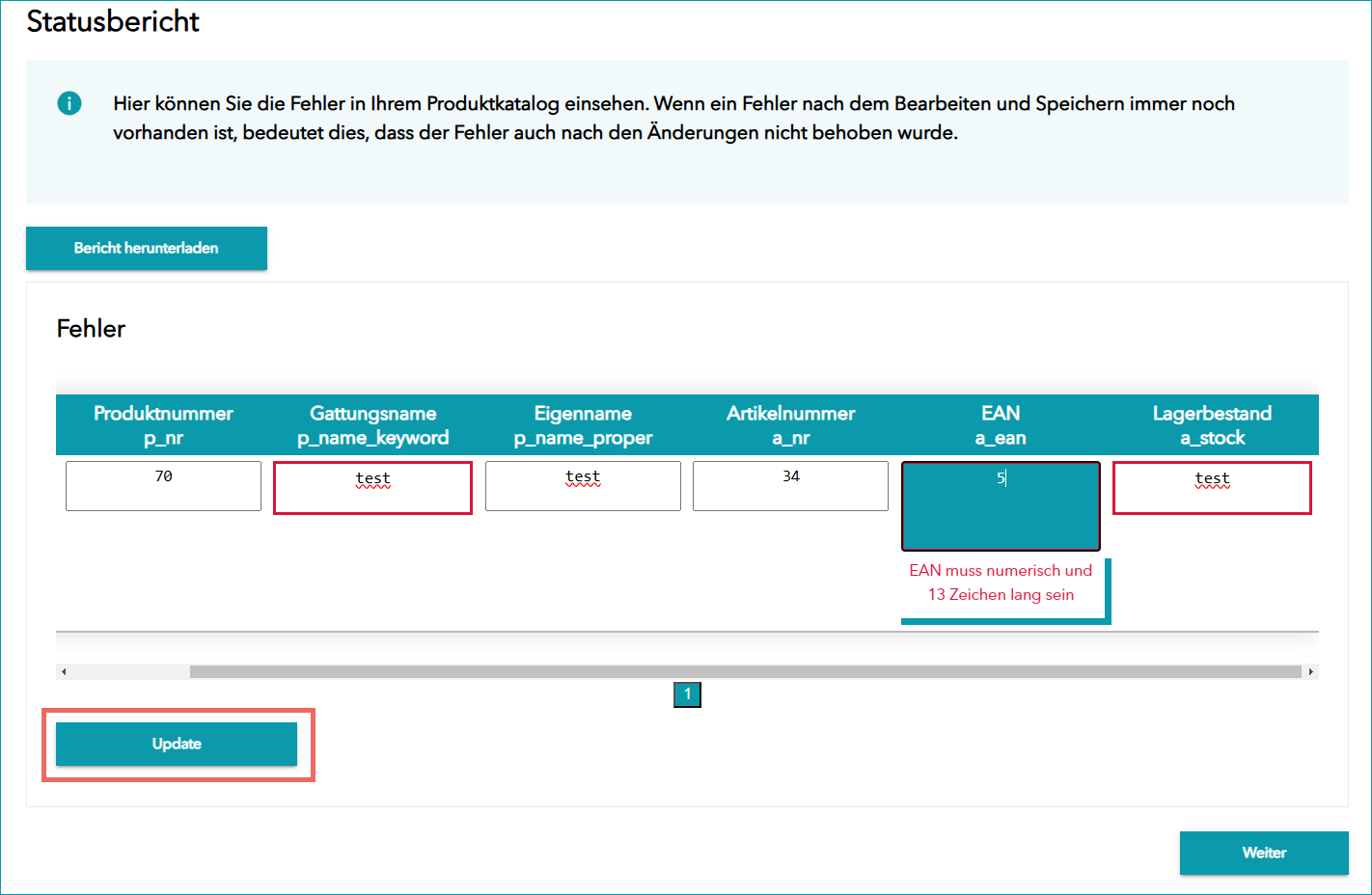 Abb. 7: Beispiel eines Statusberichts mit Fehlern in einem Produktkatalog