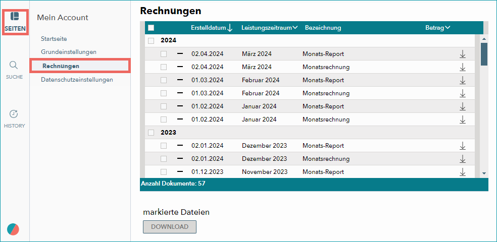 Rechungen unter "Grundeinstellungen > Mein Account" herunterladen