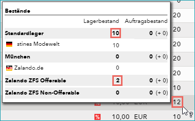 Abb.2: Wie Bestand angezeigt wird, wenn "Bestand aus externen Lagern in kumulierten Bestand einrechnen" aktiv ist