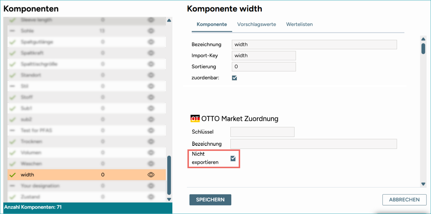 Abbildung 3: Blockieren des Exports einer Komponente für OTTO Market. Abbildung 3: Blockieren des Exports einer Komponente für OTTO Market.