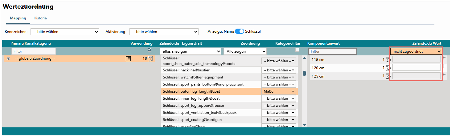 Abb. 5: Nicht zugeordnete Werte in der Wertezuordnung eines Zalando-Kanals in TB.One Abb. 5: Nicht zugeordnete Werte in der Wertezuordnung eines Zalando-Kanals in TB.One