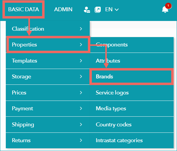 Fig.2: Menu path "Basic data > Properties > Brands"