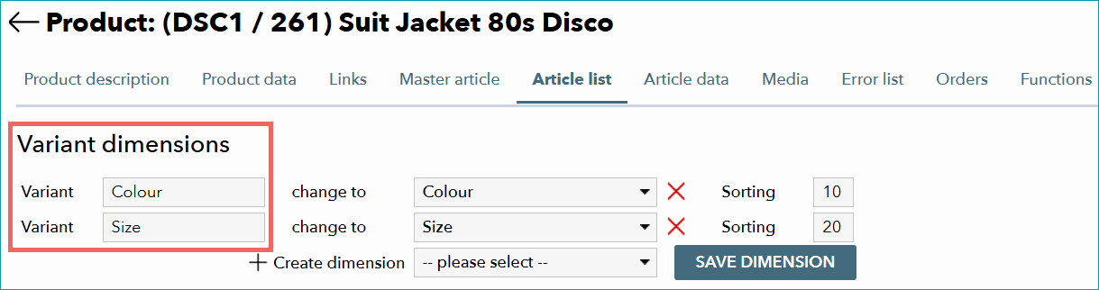 The product's variant dimensions. The product's variant dimensions.