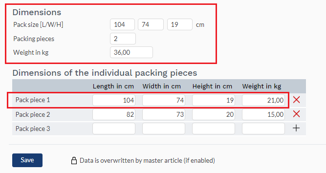 Fig. 2: Example of pack dimensions in TB.One for multiple packages