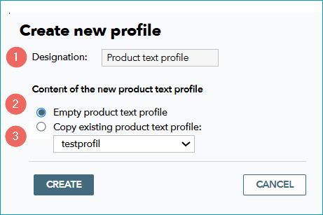 Fig.2: Naming the new product text profile and selecting whether to use an existing profile as the basis