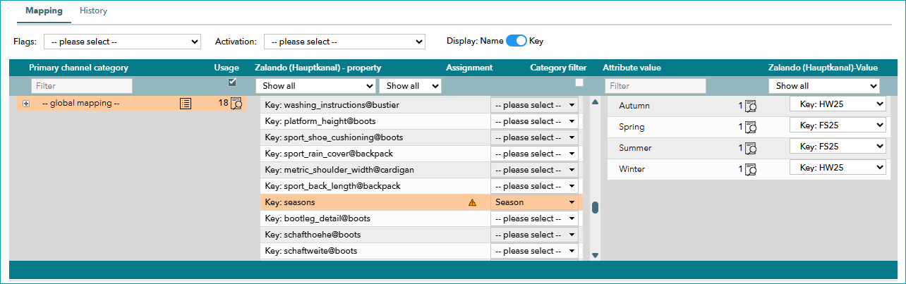 Fig.2: The three columns of the value mapping menu: category selection, property assignment, value assignment. The "Seasons" property is selected in the middle column. Fig.2: The three columns of the value mapping menu: category selection, property assignment, value assignment. The "Seasons" property is selected in the middle column.