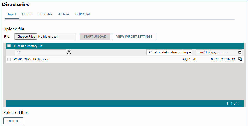 Fig.1: The import directory contains a file that is waiting to be processed with the next import.