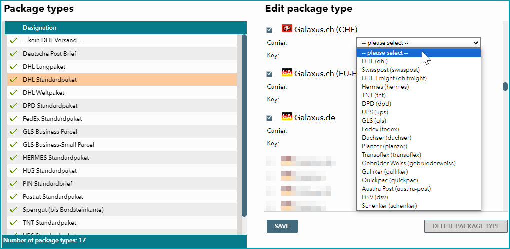 Fig. 5: Adding a carrier to a package type in TB.One Fig. 5: Adding a carrier to a package type in TB.One