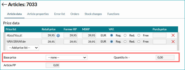 Base price settings at the article Base price settings at the article