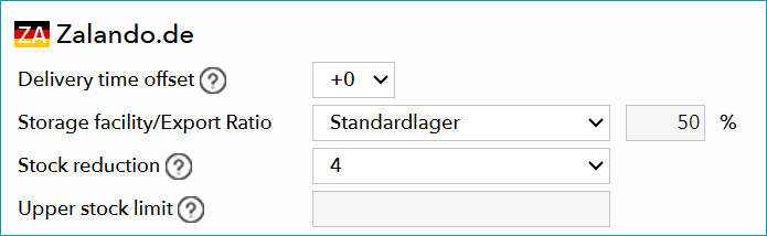 Fig.1: For Zalando.de, only 50% of the total stock is taken into account. These 50% are reduced by 4 before export. If a total stock of 8 is available, no stock would be exported to Zalando (10/2 - 4 = 0). Fig.1: For Zalando.de, only 50% of the total stock is taken into account. These 50% are reduced by 4 before export. If a total stock of 8 is available, no stock would be exported to Zalando (10/2 - 4 = 0).