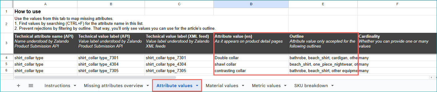 Fig. 6: Example of restricted values in a mapping guide