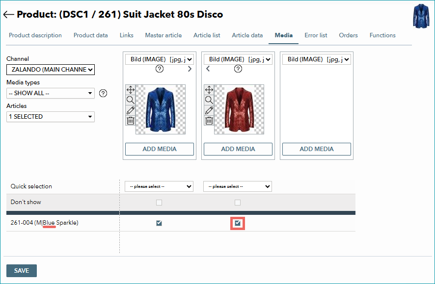 An image of the a red jacket is assigned to the blue version of the jacket. Clear the checkbox. An image of the a red jacket is assigned to the blue version of the jacket. Clear the checkbox.