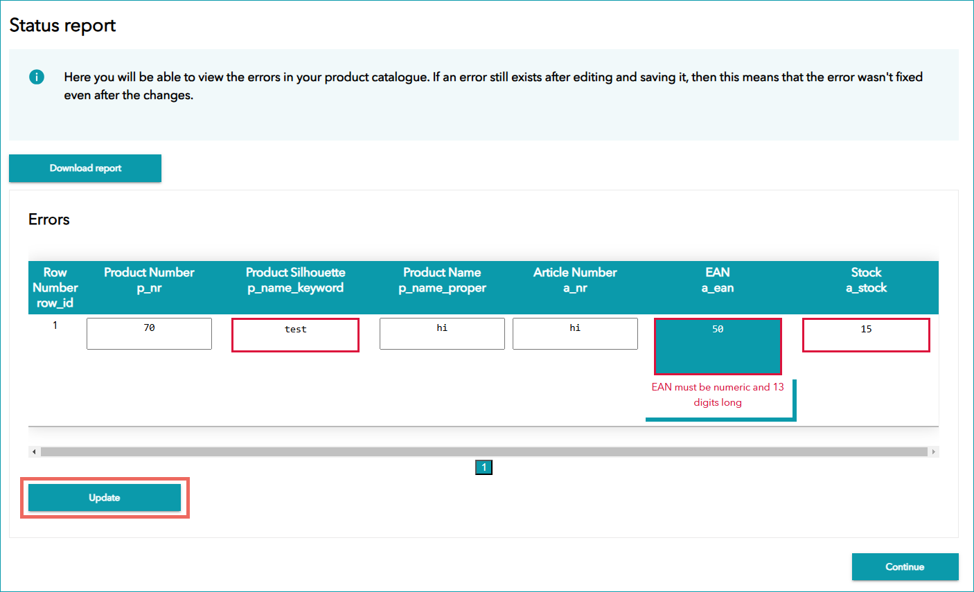 Fig. 7: Example of a status report with errors found in a product catalogue