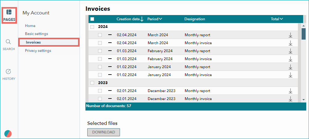 Accessing invoices under "Basic Settings > My Account" Accessing invoices under "Basic Settings > My Account"