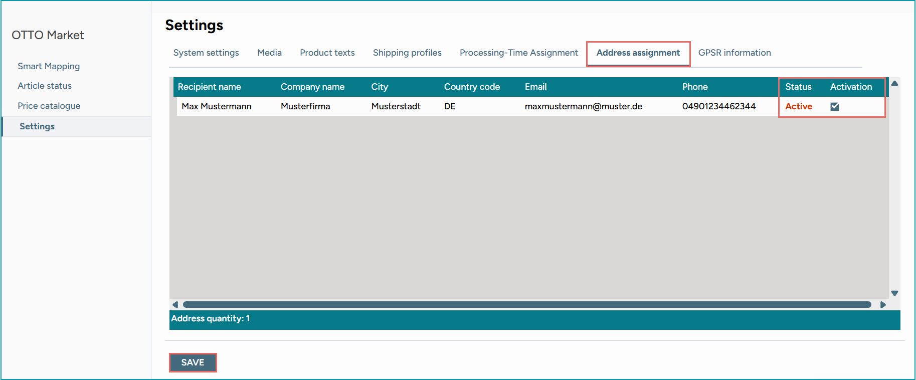Fig. 2: Assigning an address for OTTO Market in TB.One
