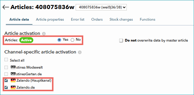 Both the general article activation and the channel-specific activation are set. This article will be exported to Zalando.de. Both the general article activation and the channel-specific activation are set. This article will be exported to Zalando.de.