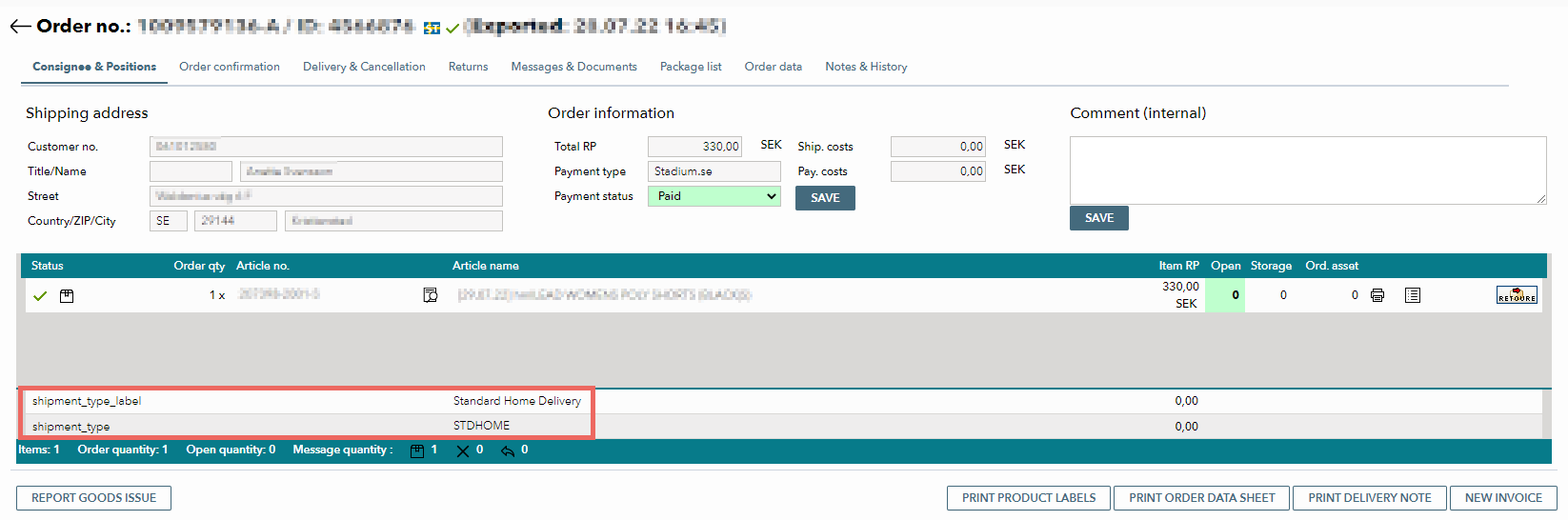 Fig. 2: Example of a Stadium order with home delivery
